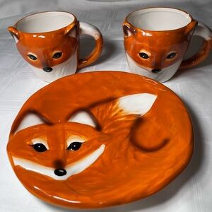 Vintage Ceramic Fox Mug and Saucer Set, Breakfast Dessert, Forest Animal Country